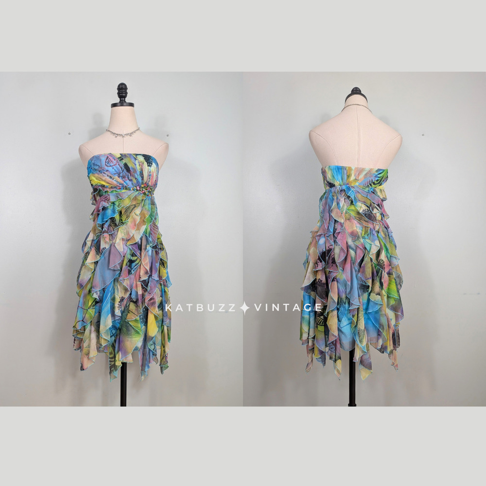 Cache Prom Dress Mini Gown 2 Multi Blue Strapless Y2K Vintage Ruffle Hoco Floral